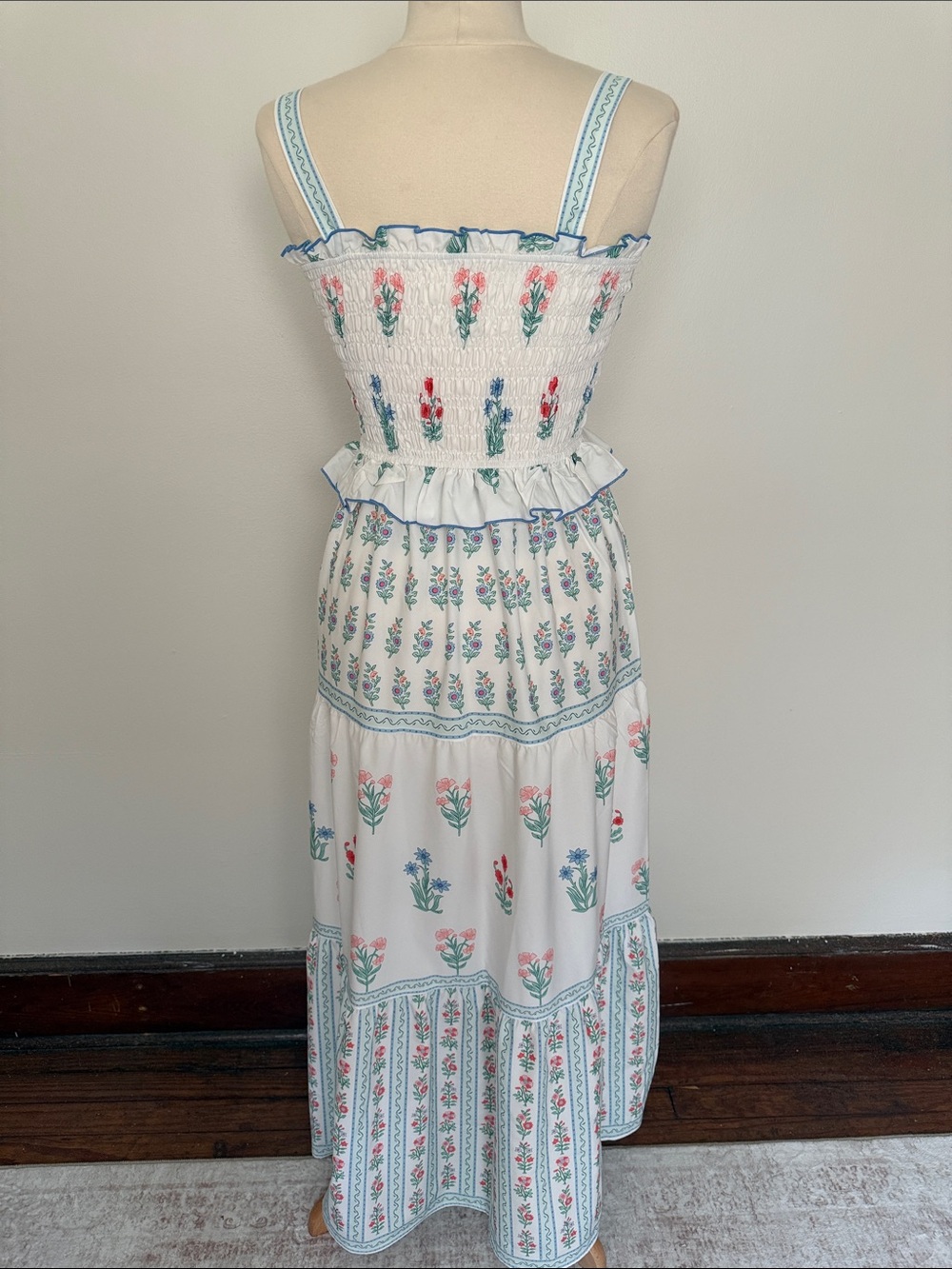 Source Unknown White Floral Smocked Maxi Dress with Blue and Pink Accents - Picture 4 of 7